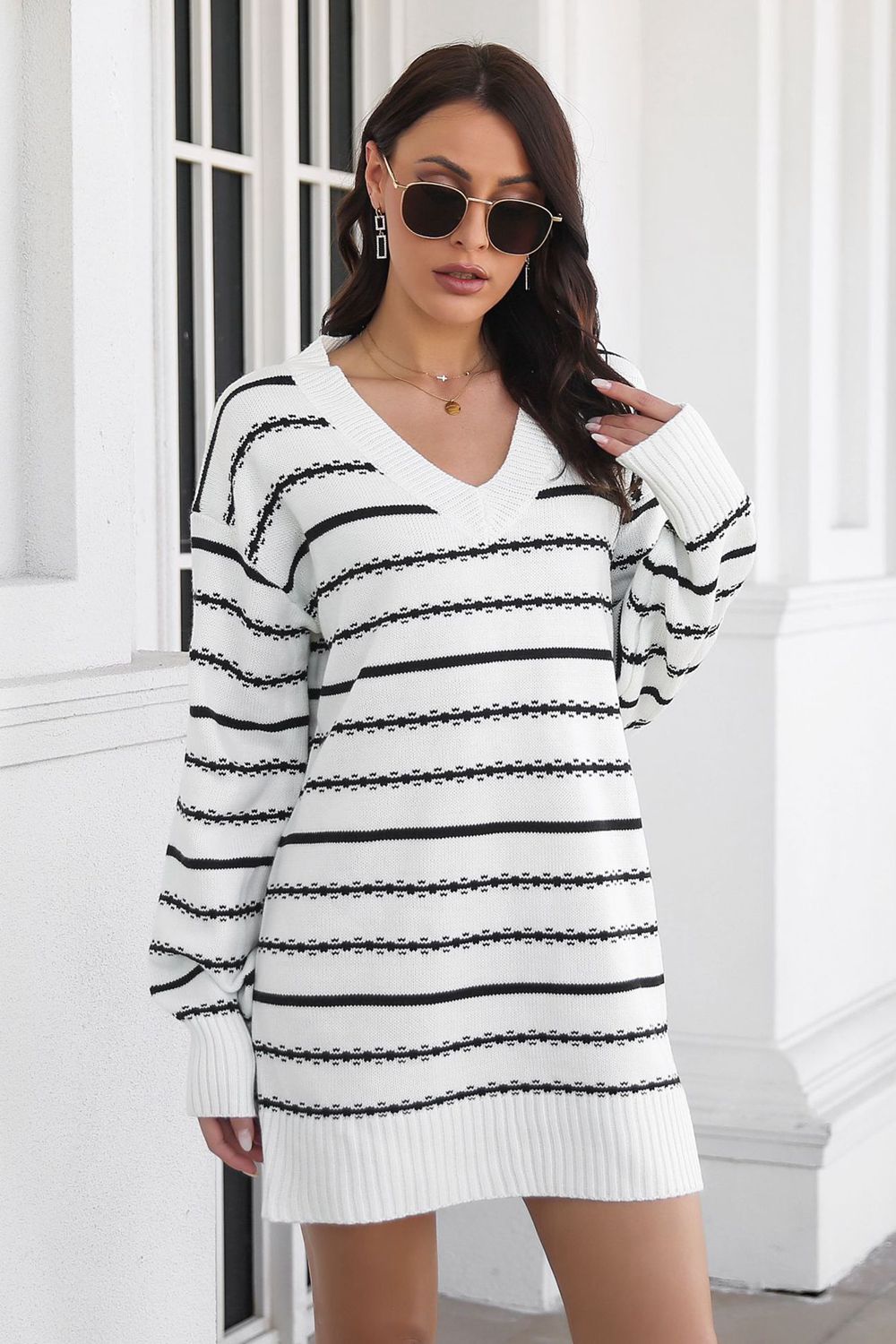 Avery Aria Striped V-Neck Sweater Dress