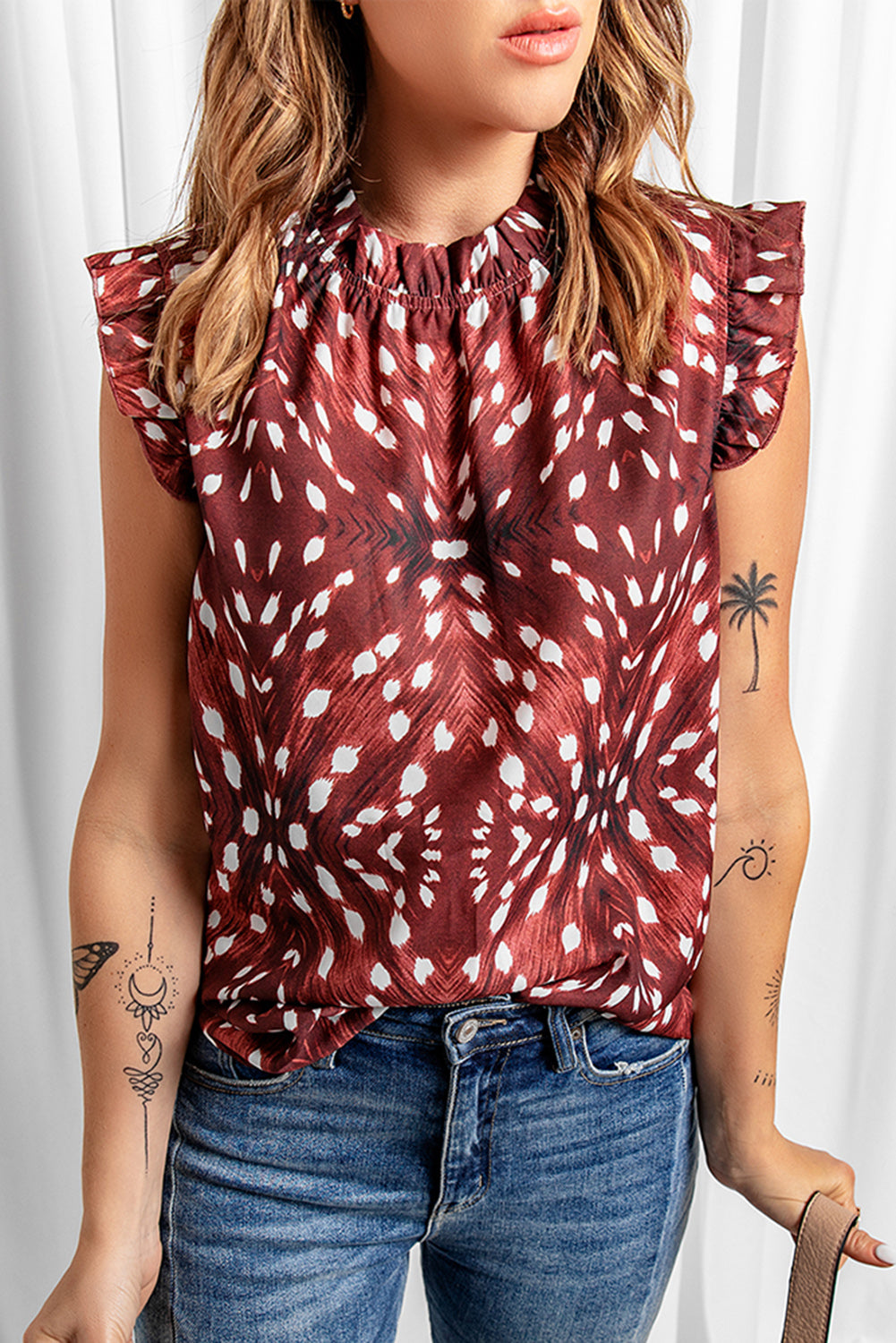 Full Size Printed Ruffle Shoulder Blouse