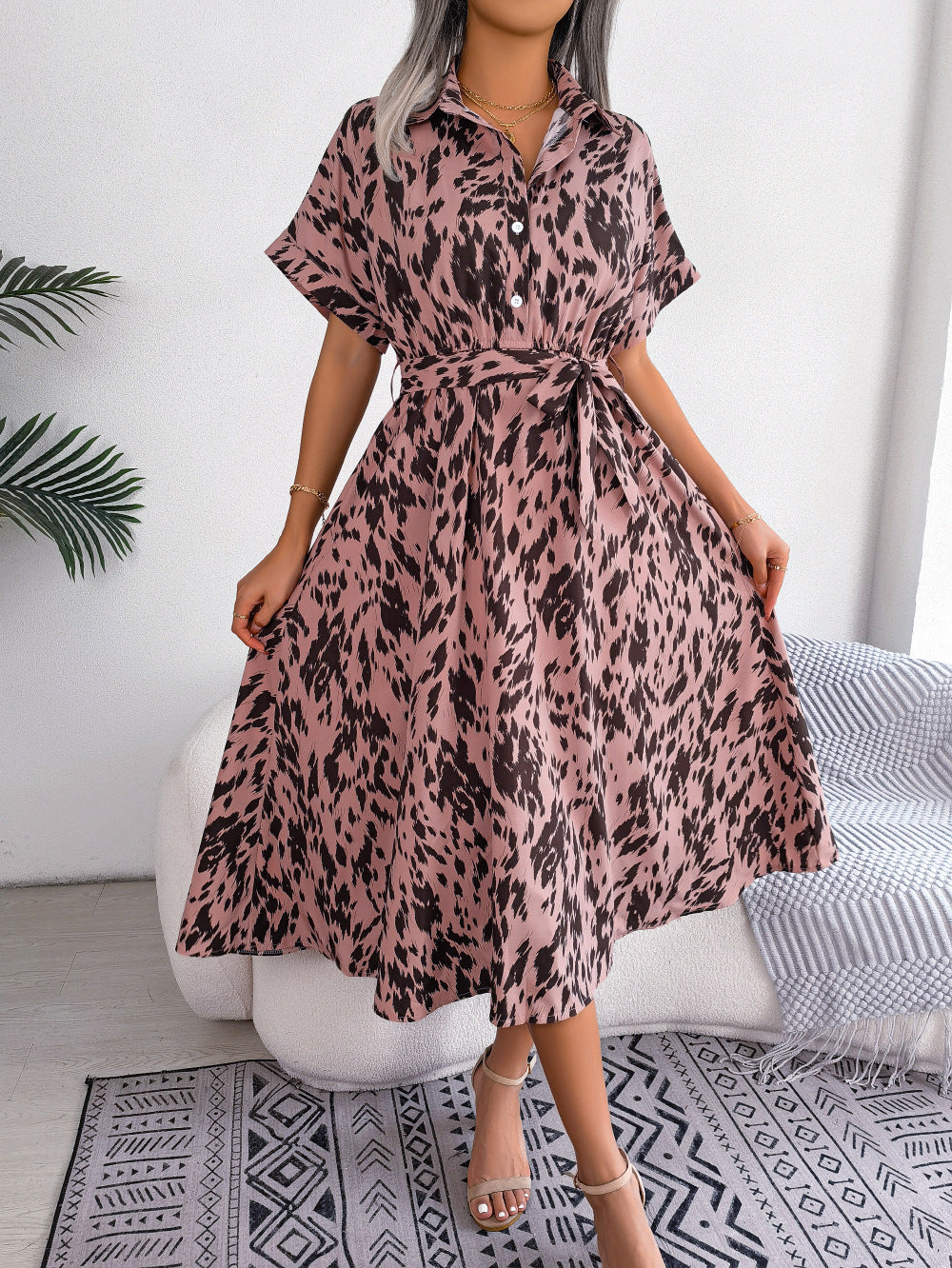 Penelope Printed Collared Neck Short Sleeve Tie Waist Dress