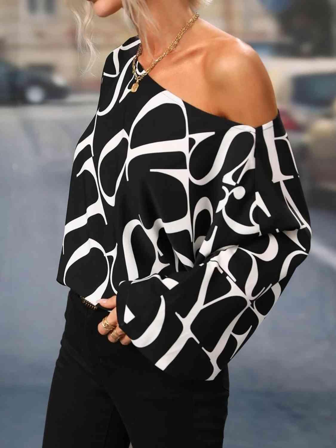 Full Size Printed Boat Neck Blouse