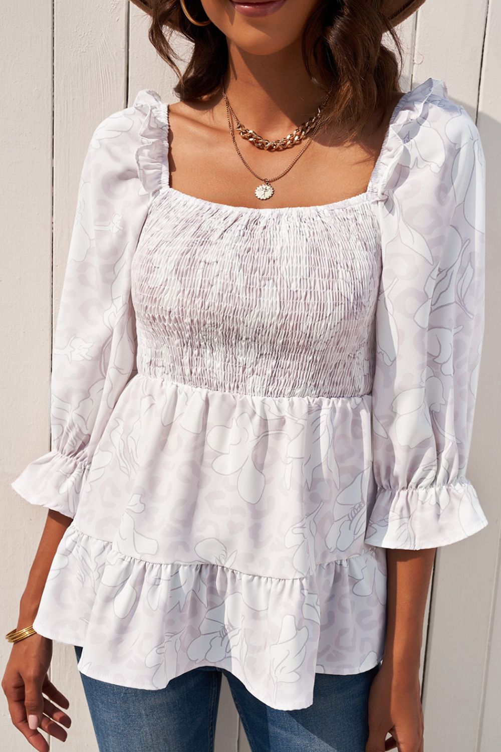 Women's Floral Smocked Ruffled Babydoll Top