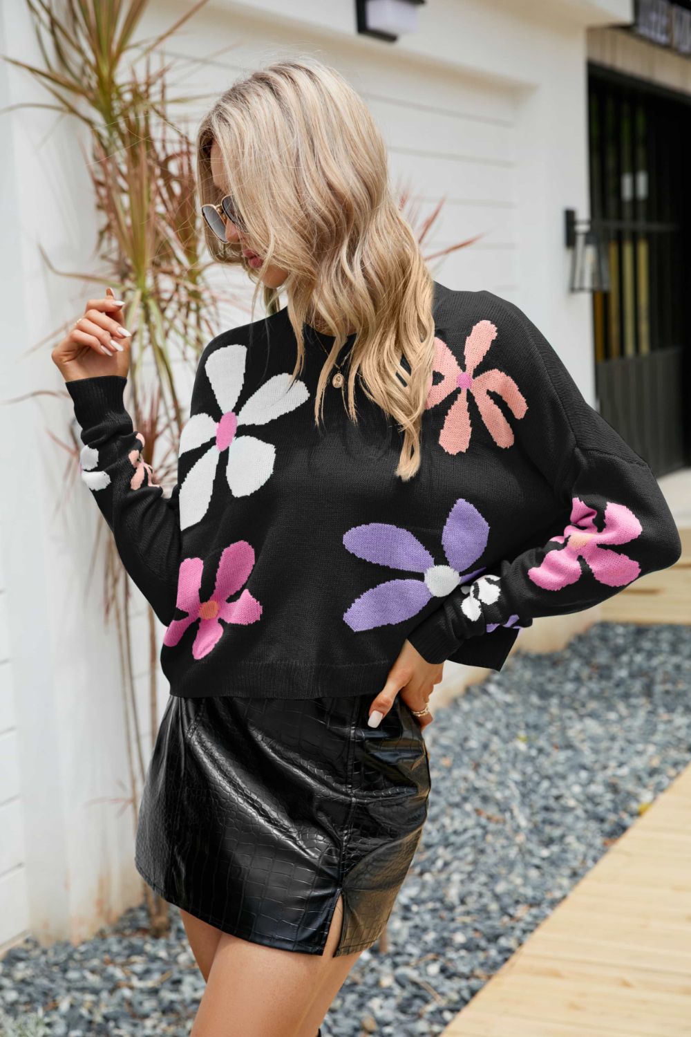 BLAZIN' BEAUTY Floral Dropped Shoulder Ribbed Trim Sweater