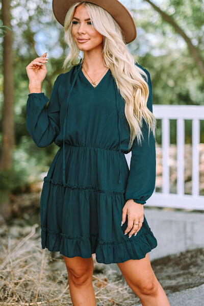 Frill Tie Neck Balloon Sleeve Dress