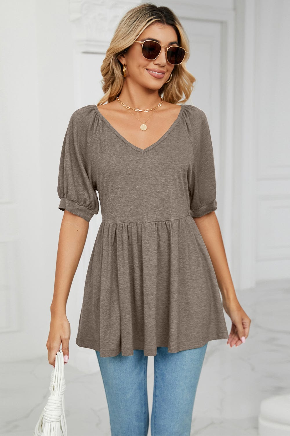 Full Size V-Neck Babydoll Top