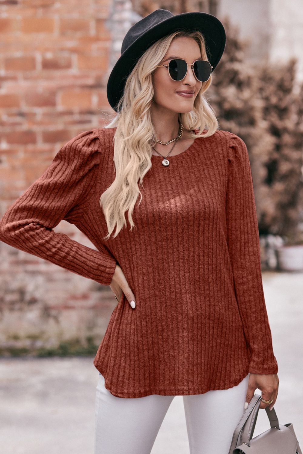 Round Neck Puff Sleeve Ribbed Top