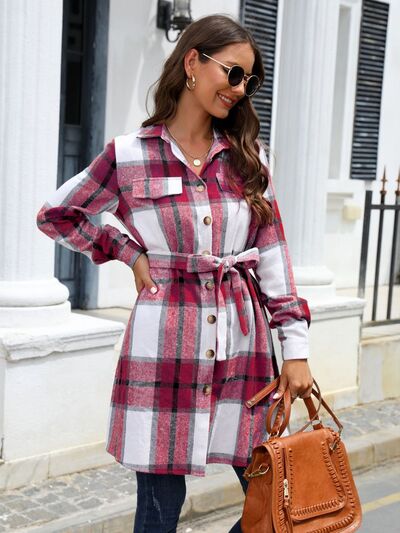 Penelope Plaid Belted Collared Neck Button Up Jacket