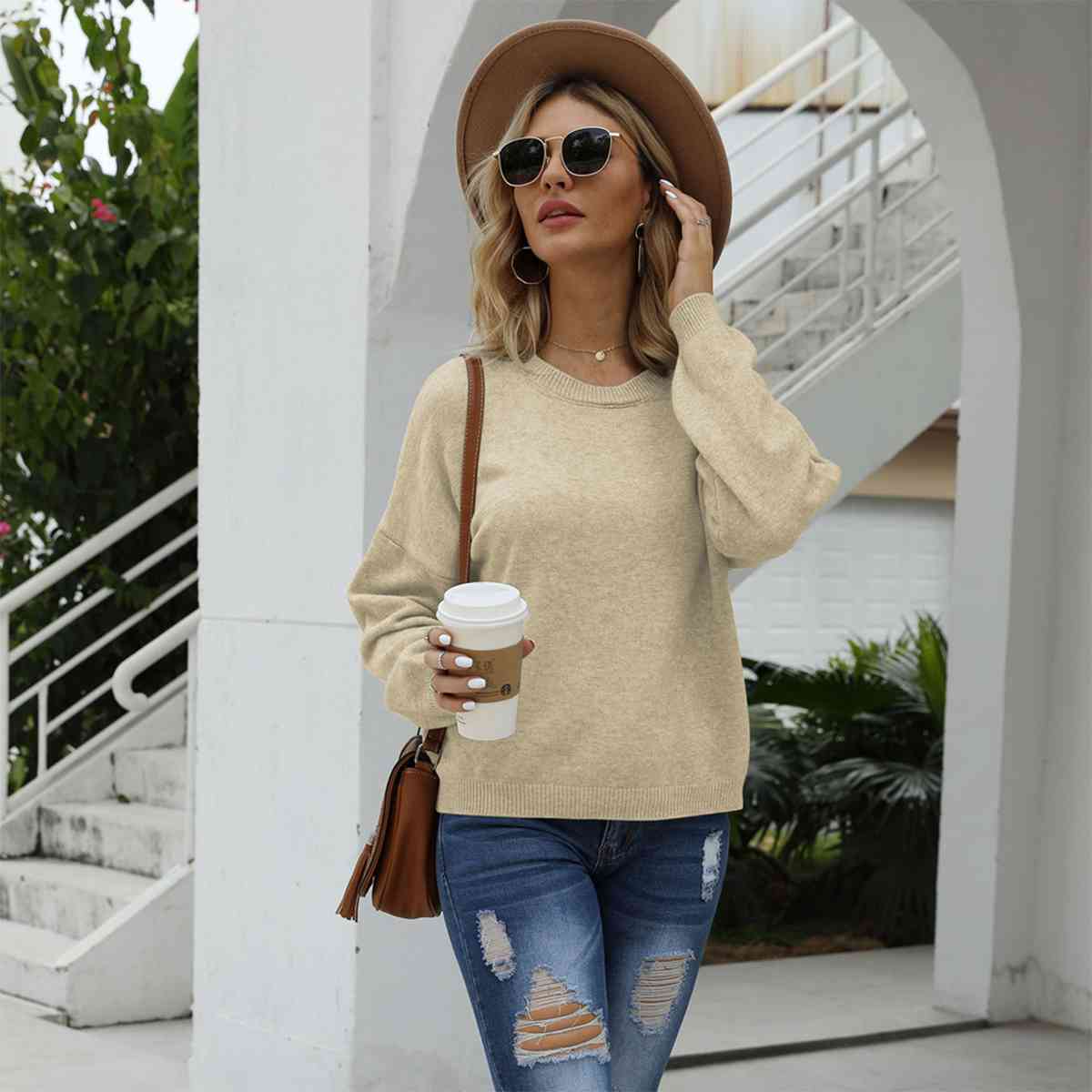 SnuggleTime Round Neck Long Sleeve Drop Shoulder Sweater