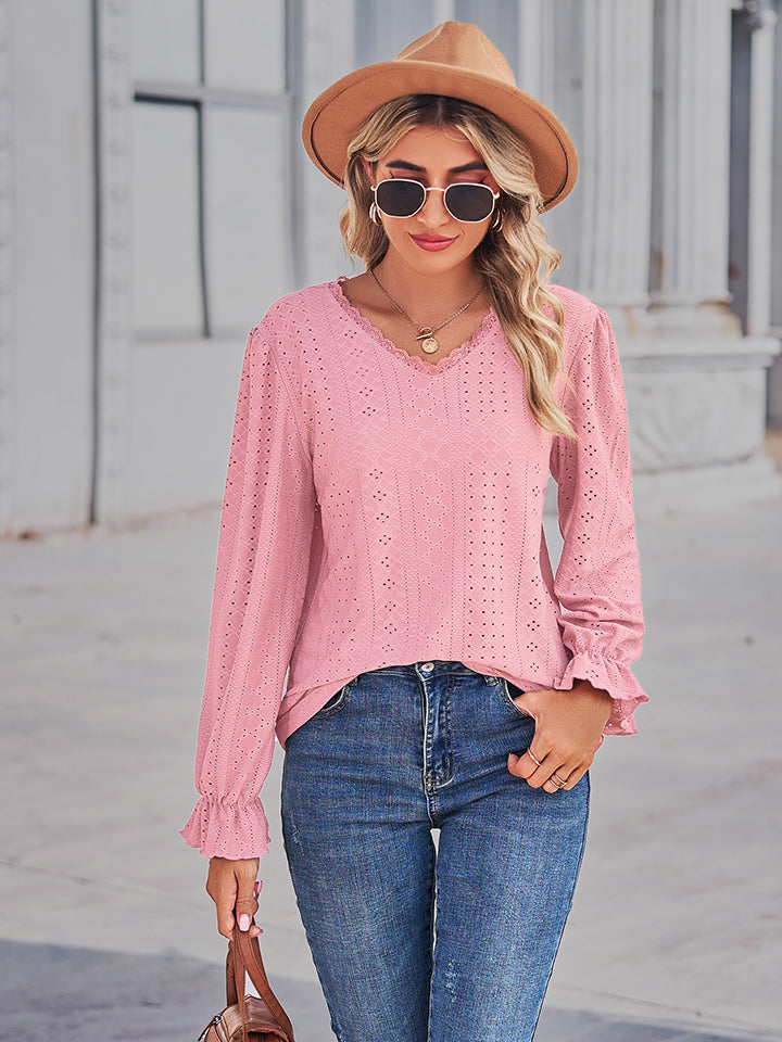 Full Size Eyelet V-Neck Flounce Sleeve Blouse