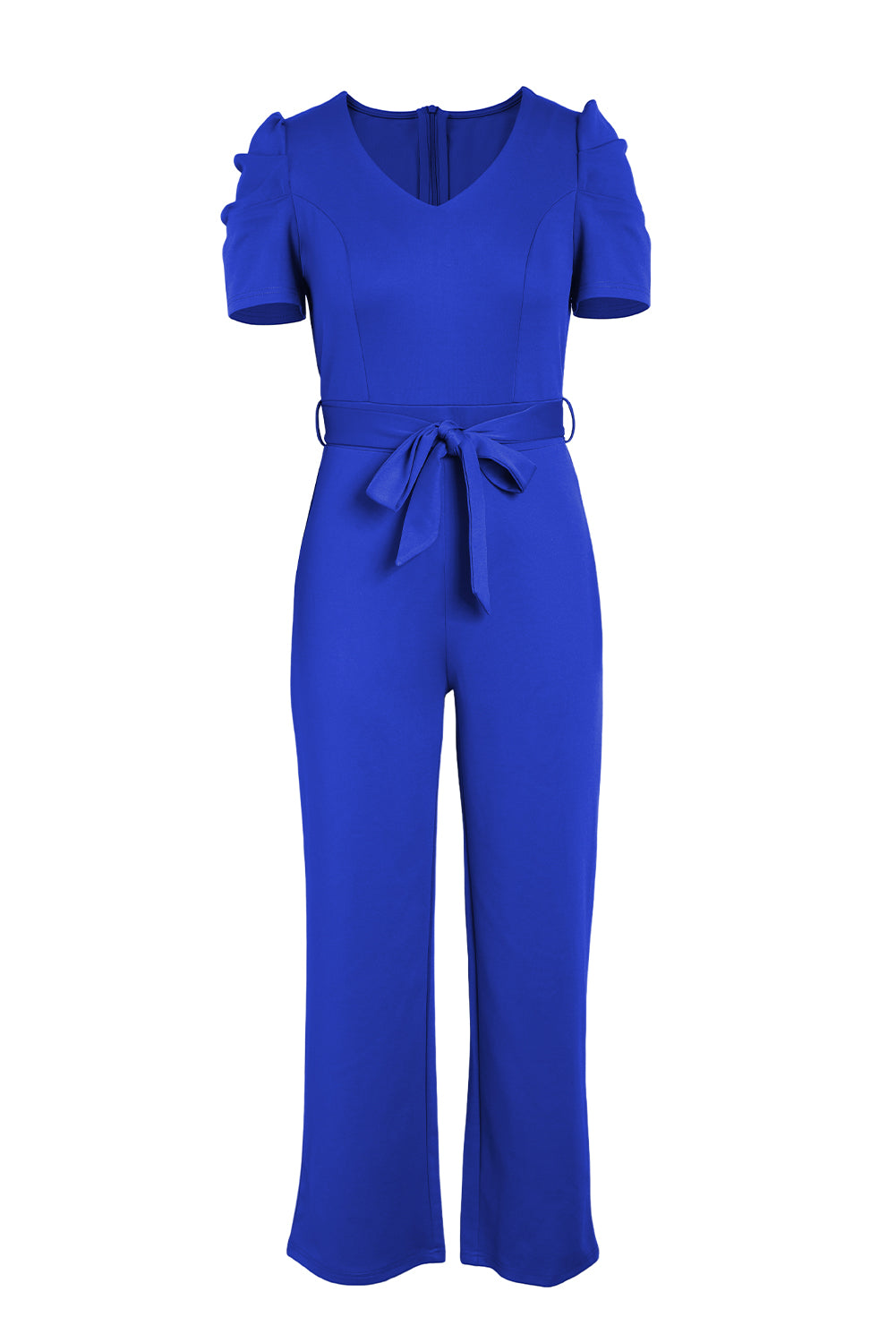 Women's Full Size Belted Puff Sleeve V-Neck Jumpsuit