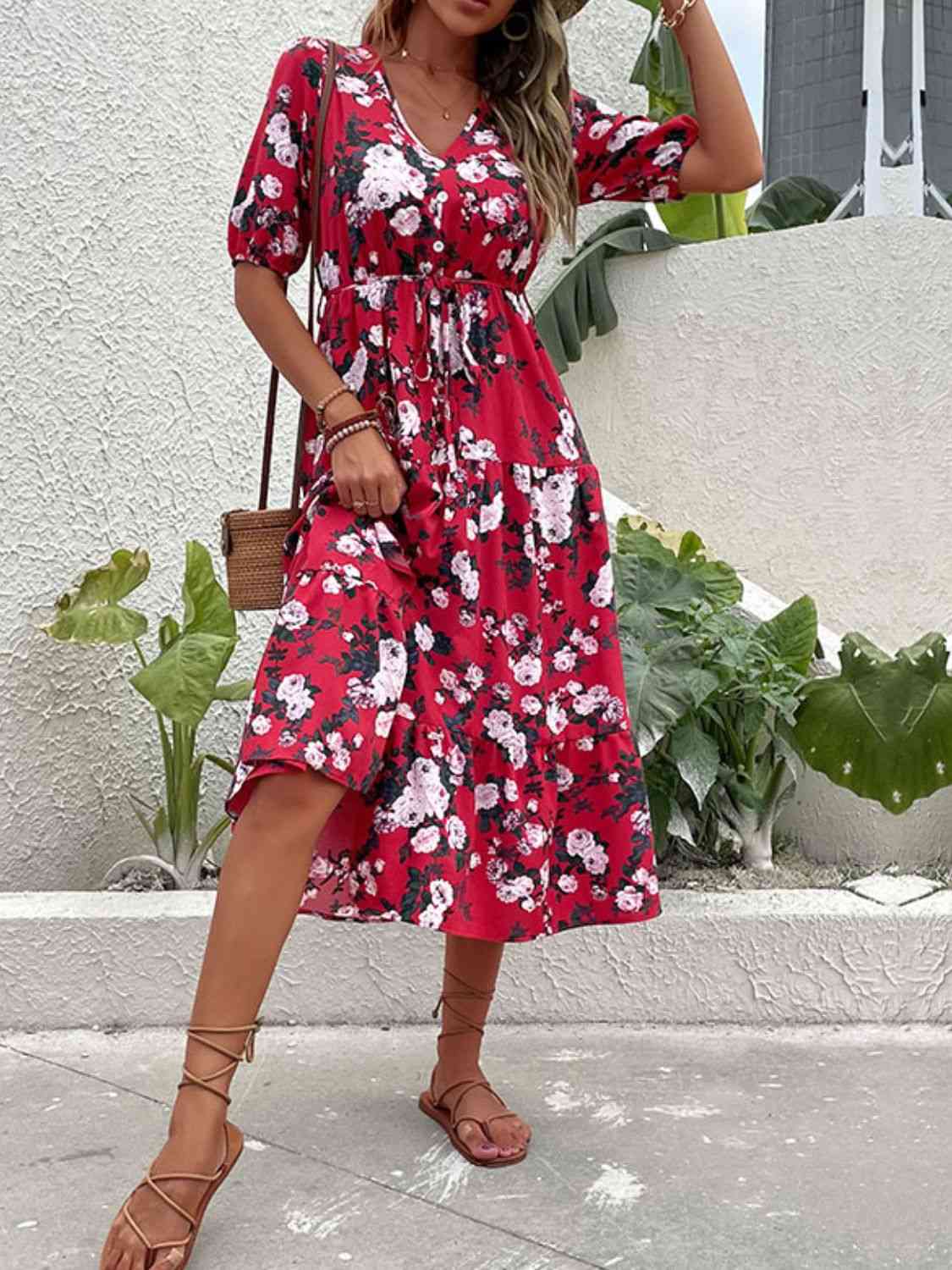 Red Floral Split Tie-Waist Dress