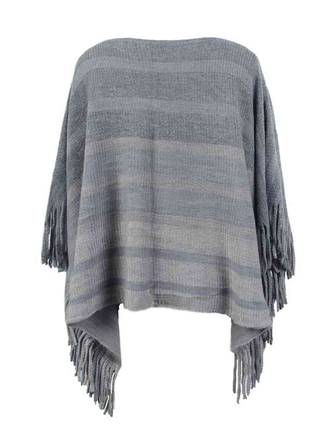 One Size Striped Boat Neck Poncho with Fringes