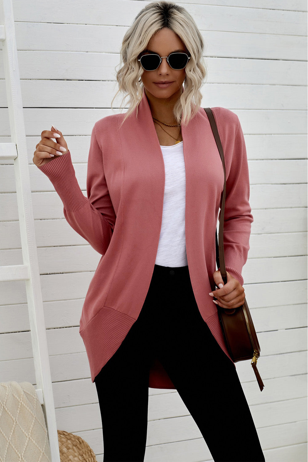 Women's Long Sleeve Ribbed Hem Open Front Longline Cardigan