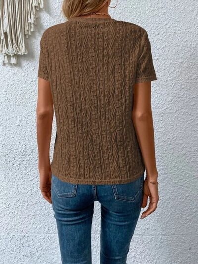 Eyelet Round Neck Short Sleeve T-Shirt