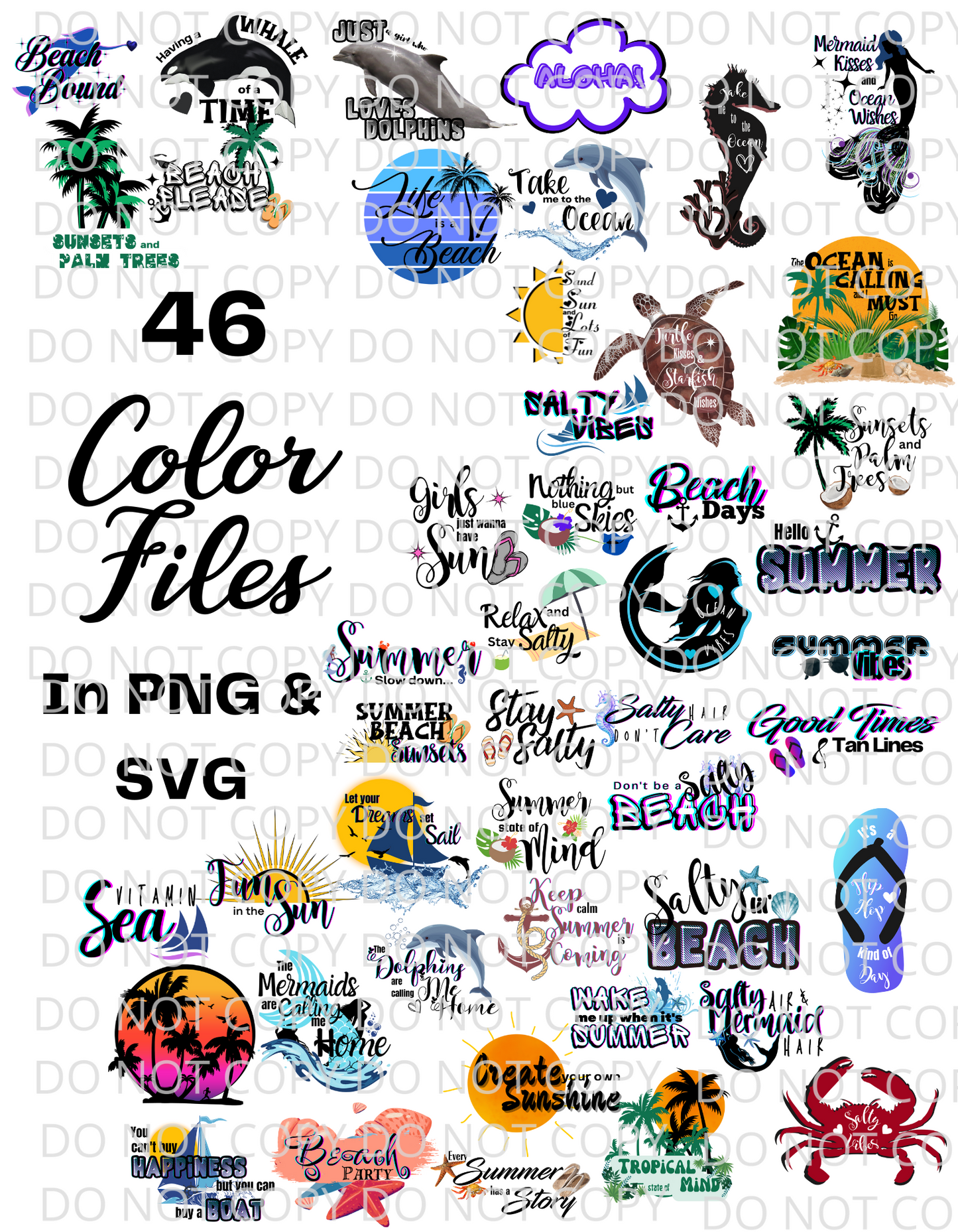 BGShop 90 Total Digital Download Summer Sayings | 46 Color & 44 Solid Black Files