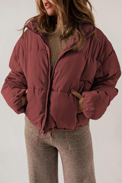 Brick Red Zip Up Collared Neck Long Sleeve Winter Coat