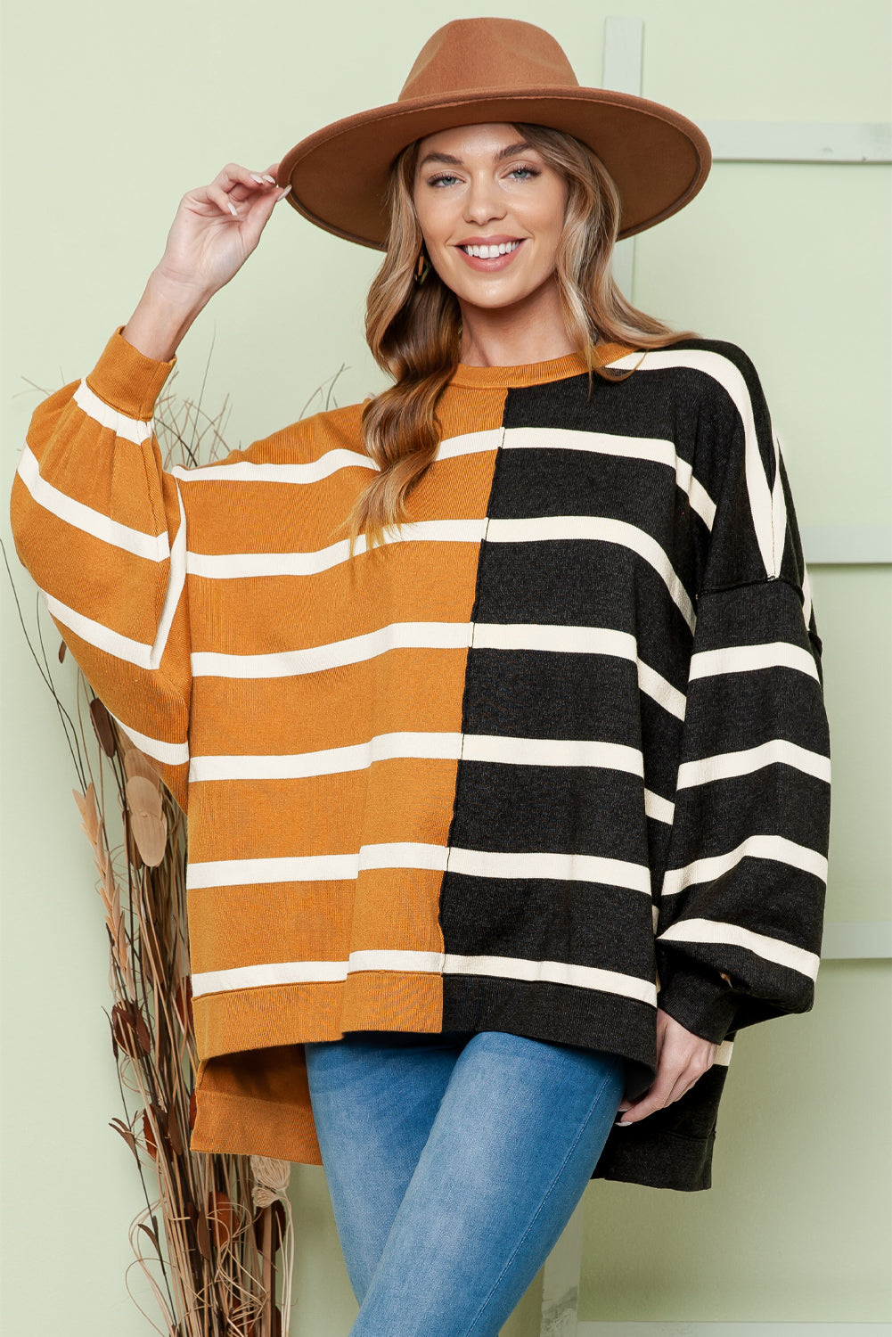 Adriana & Bae Striped Dropped Shoulder Round Neck Blouse