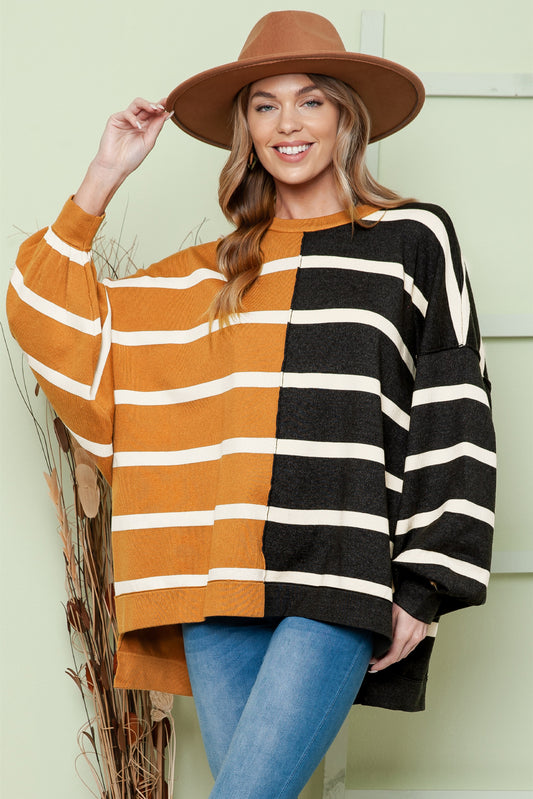 Adriana & Bae Striped Dropped Shoulder Round Neck Blouse