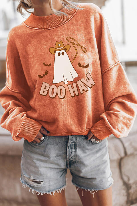 Halloween BOO HAW Ghost Graphic Dropped Shoulder Round Neck Sweatshirt