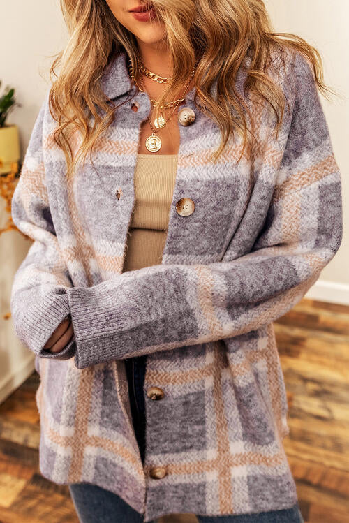 Misty Blue Button Up Plaid Long Sleeve Cardigan