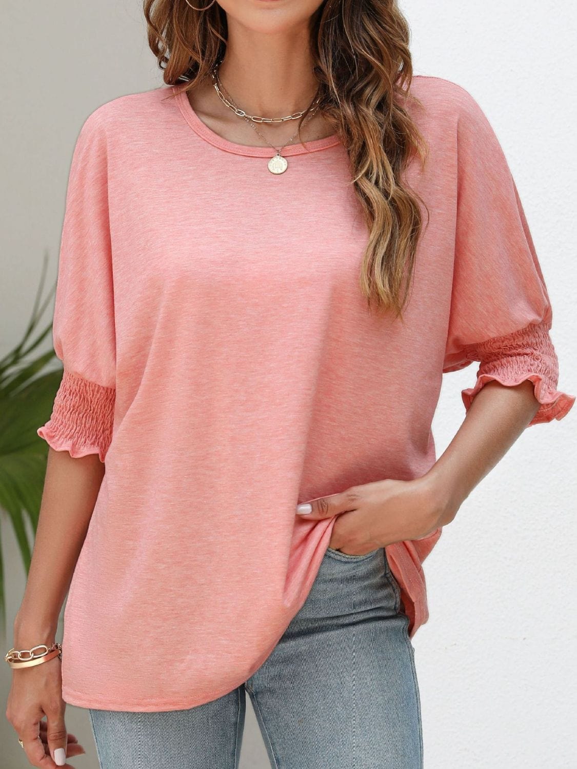 Full Size Smocked Flounce Sleeve Round Neck T-Shirt