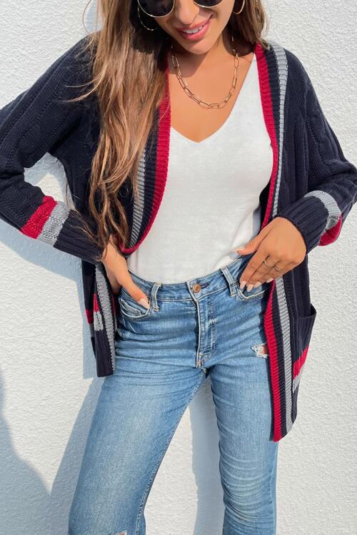 Charming Trends Dark Navy Open Front Striped Long Sleeve Cardigan