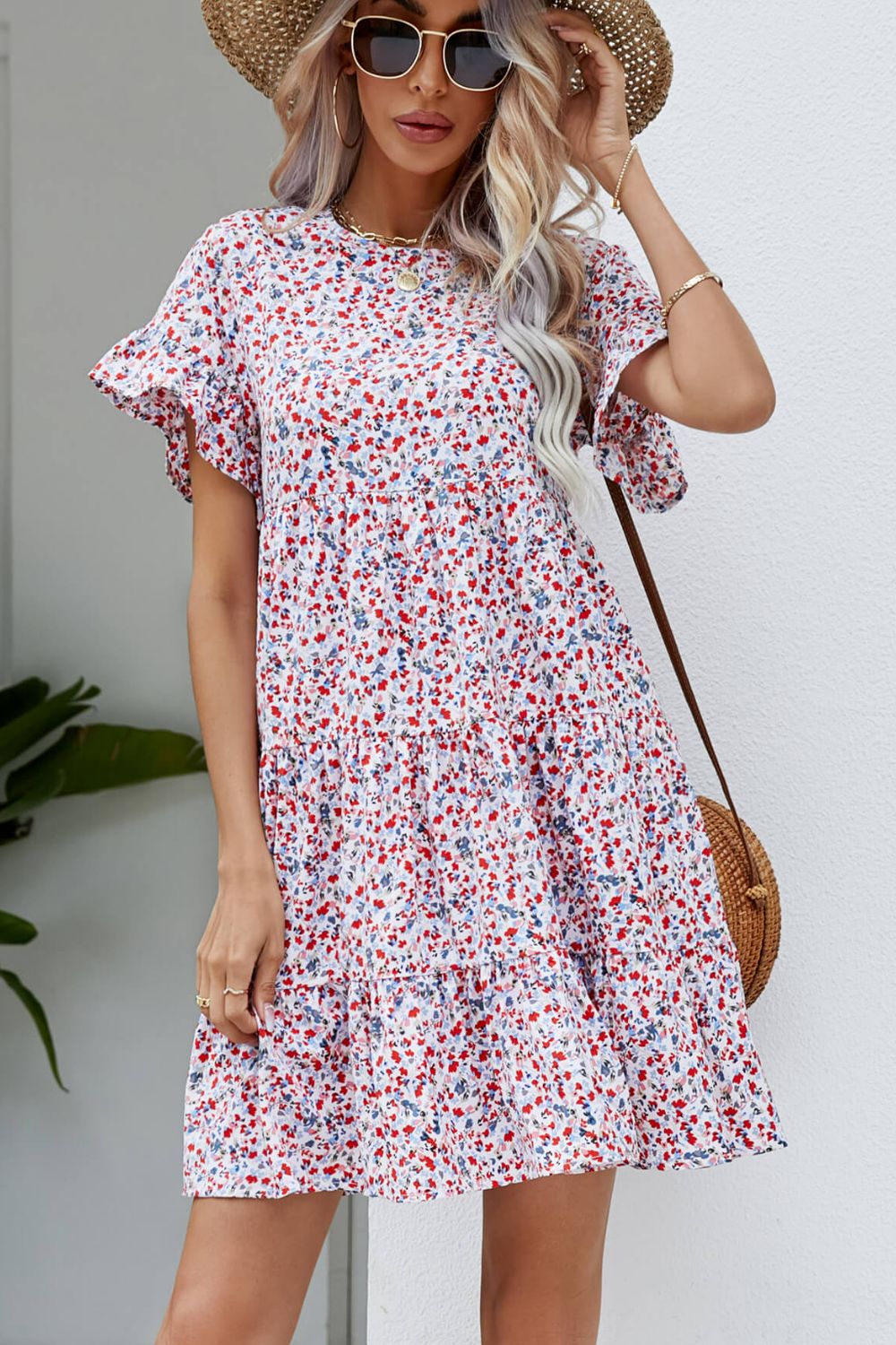 Women's Ditsy Floral Flounce Sleeve Tiered Dress
