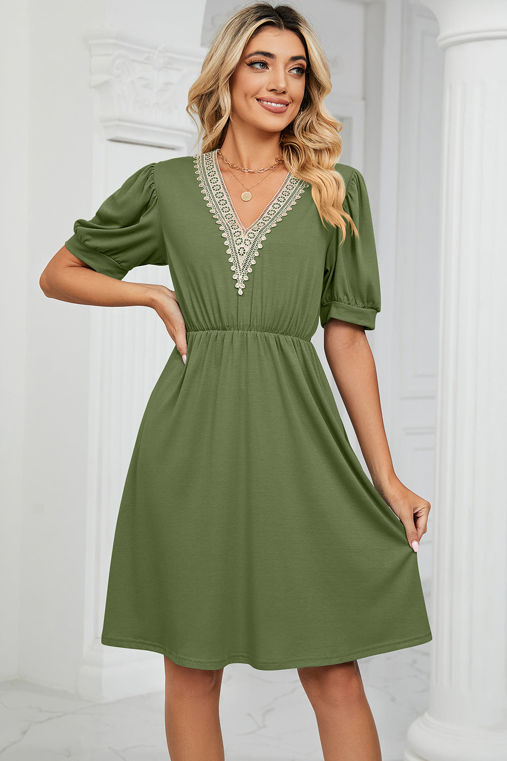 V-Neck Puff Sleeve Dress