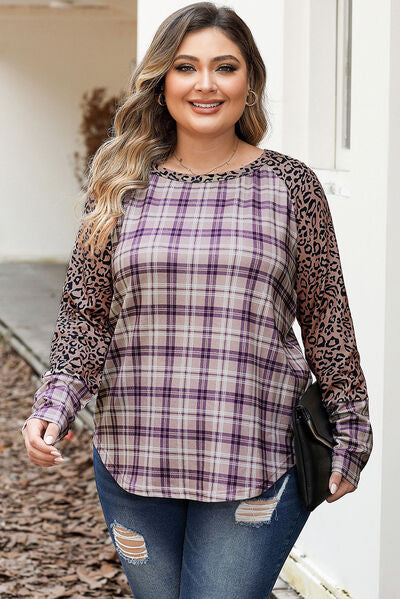 Women's Ava Plus Size Leopard Raglan Sleeve Plaid T-Shirt