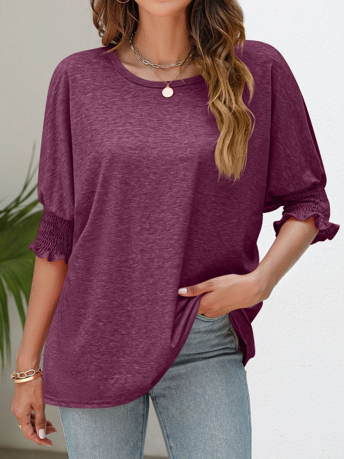 Full Size Smocked Flounce Sleeve Round Neck T-Shirt