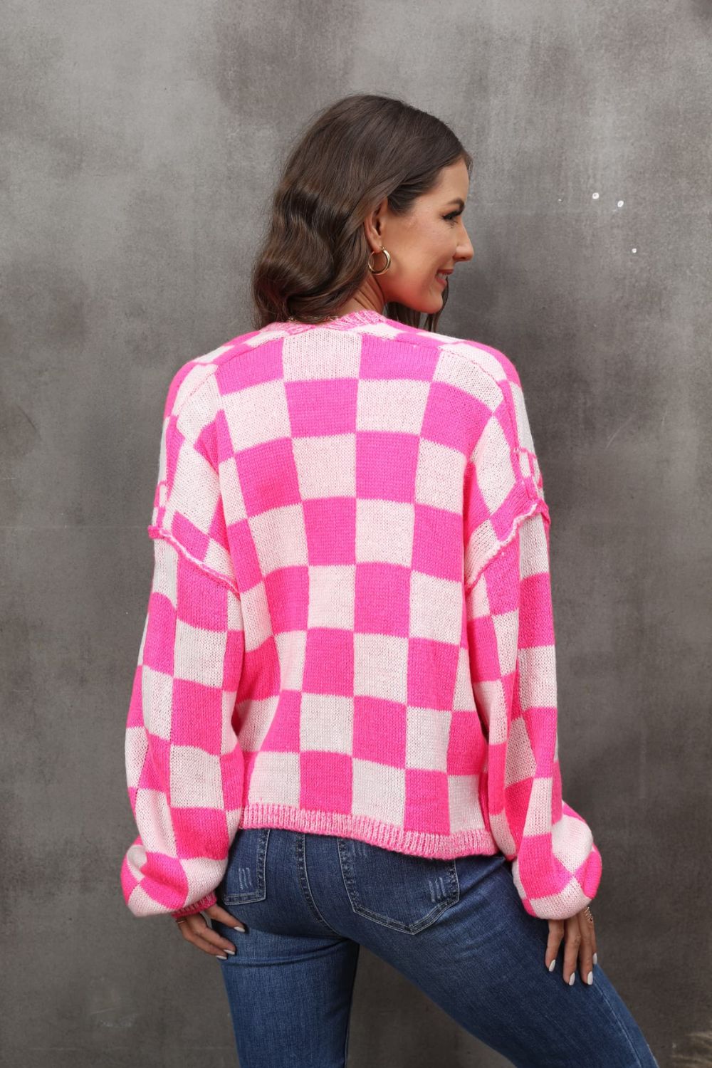 Women's Checkered Open Front Drop Shoulder Cardigan