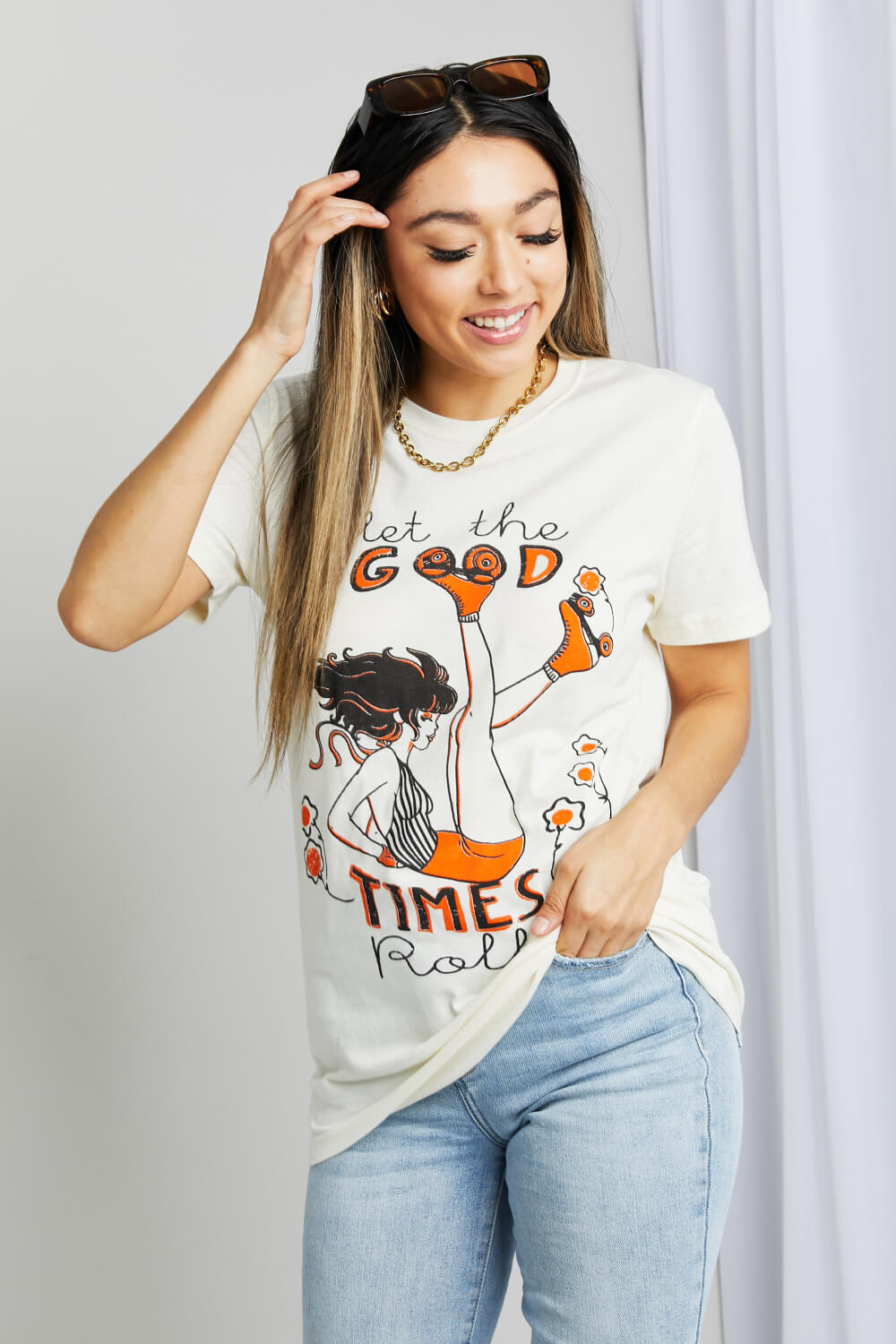 Women's mineB Full Size LET THE GOOD TIMES ROLL Graphic Tee
