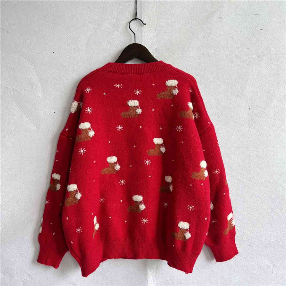 Christmas Printed Round Neck Drop Shoulder Sweater