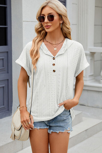 Eyelet Drawstring Hooded Short Sleeve Blouse