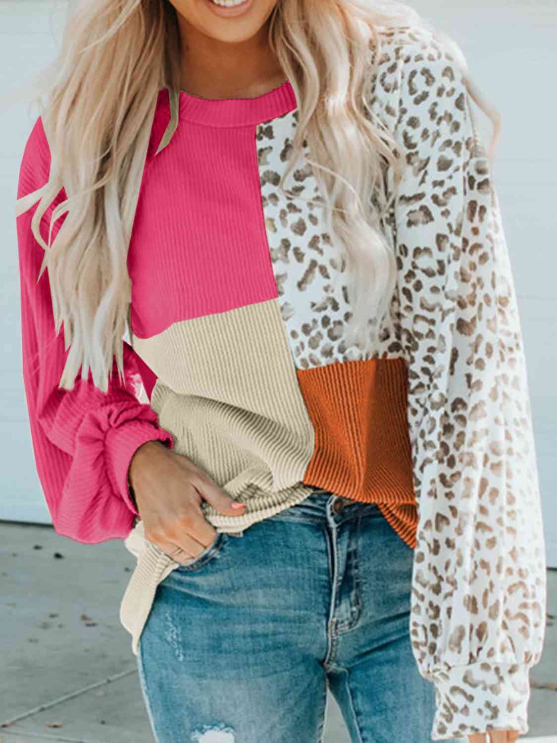 Full Size Color Block Leopard Round Neck Sweatshirt