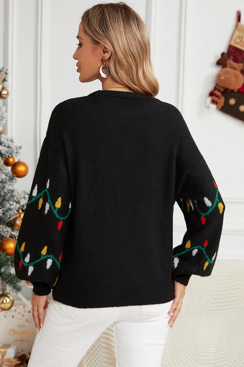 CHRISTMAS THEMED Round Neck Pattern Lantern Sleeve Sweater