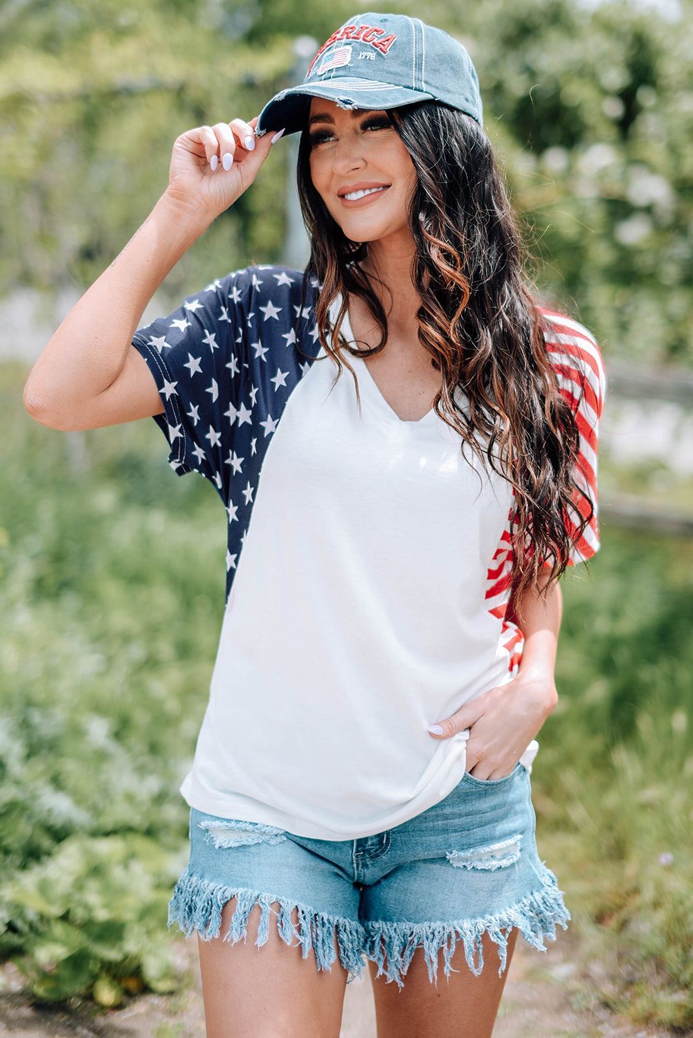 Women's Full Size US Flag Themed V-Neck Tee Shirt