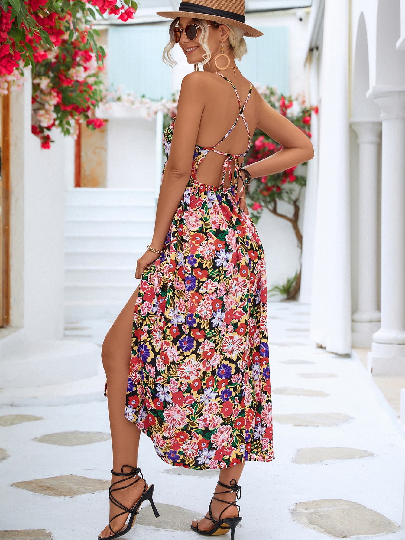 Women's Floral Crisscross Backless Split Dress