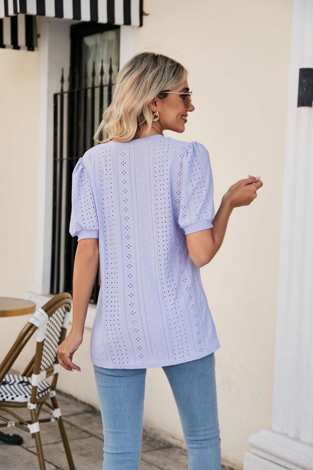 Full Size Eyelet Puff Sleeve V-Neck Top