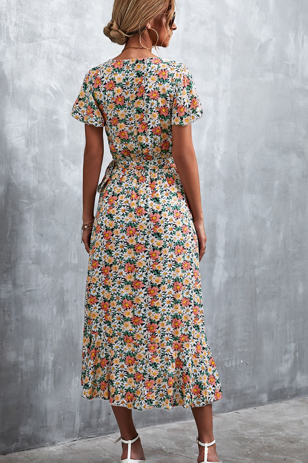 Full Size Floral Surplice Neck Tied Midi Dress