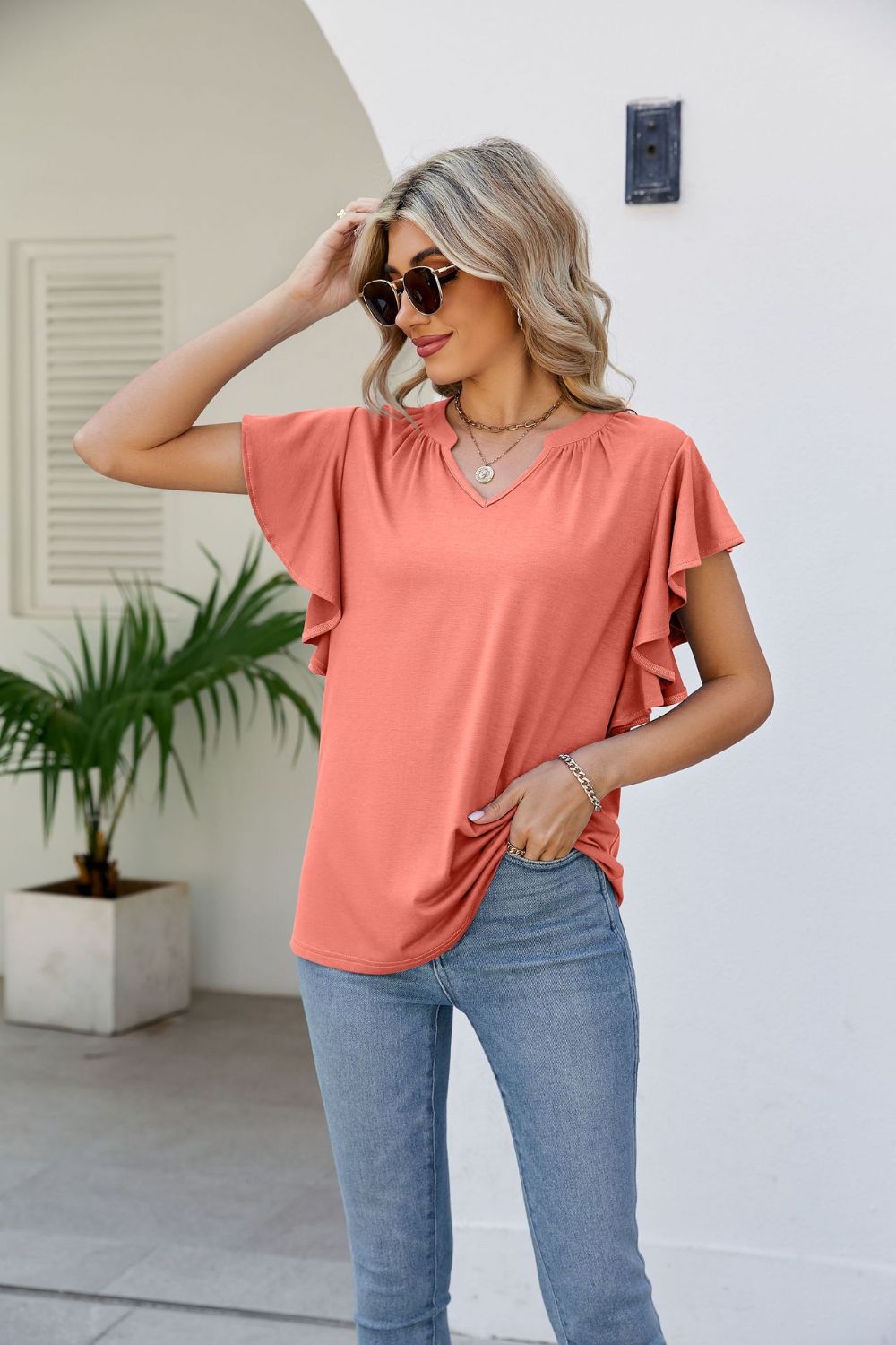 Women's JAYLEEN Full Size Notched Neck Flutter Sleeve Tee