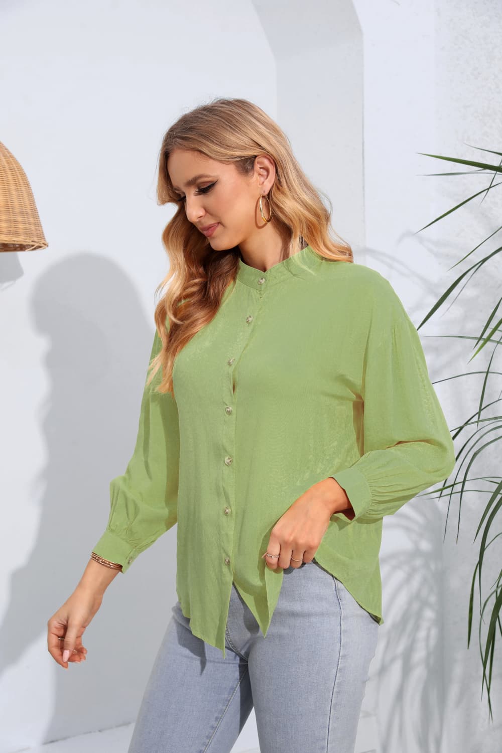 Malibu Dreams Mock Neck Buttoned Long Sleeve Shirt