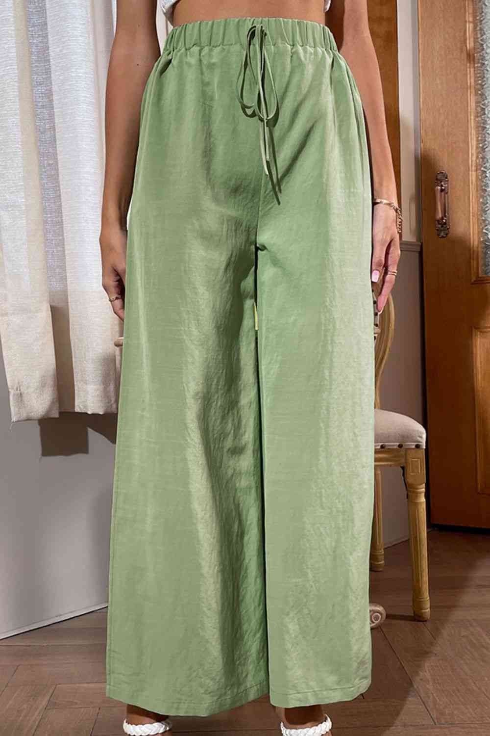 Gum Leaf Green Side Slit Wide Leg Pants