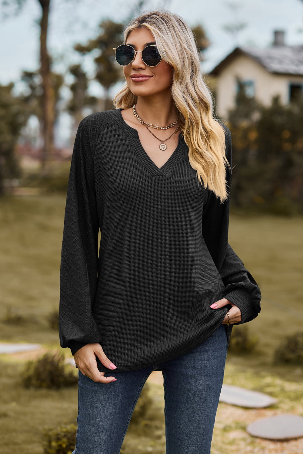 Full Size Notched Neck Raglan Sleeve Blouse