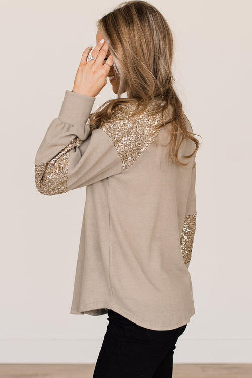 Sequin Round Neck Dust Storm Brown Long Sleeve T-Shirt