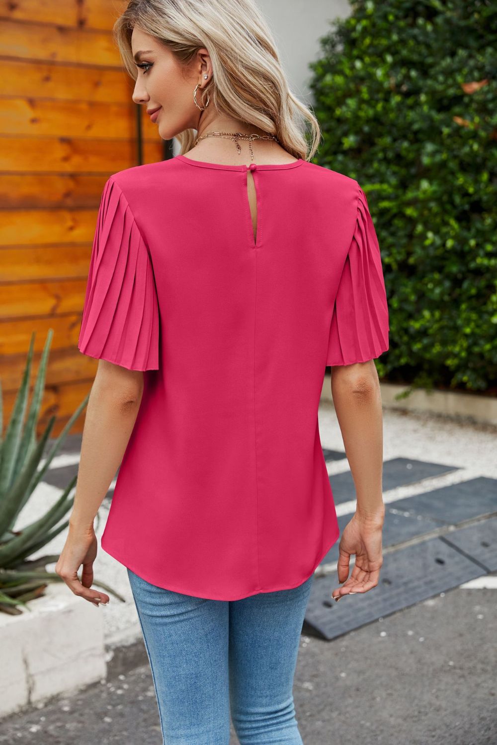 Women's Full Size Pleated Flutter Sleeve Round Neck Blouse