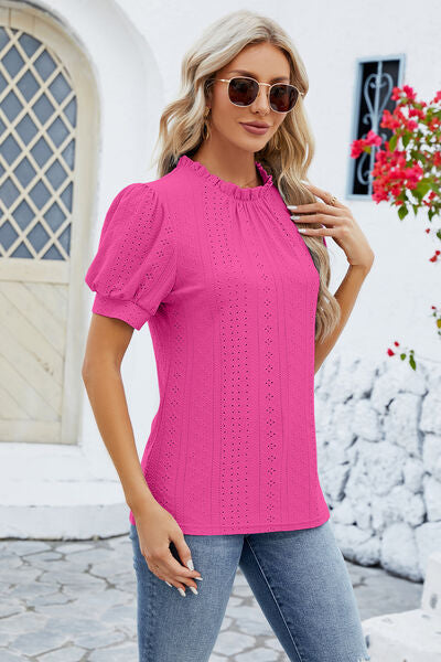 Frill Mock Neck Short Sleeve Eyelet Blouse