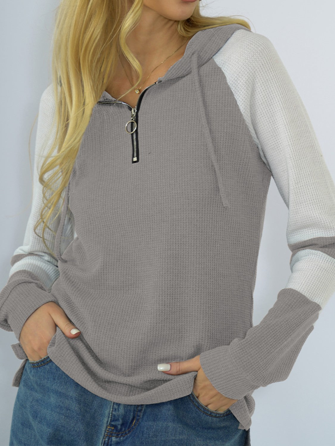 Full Size Quarter-Zip Waffle-Knit Hoodie