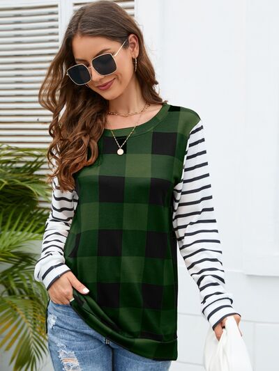 Women's HannahMea Plaid Striped Round Neck Long Sleeve T-Shirt