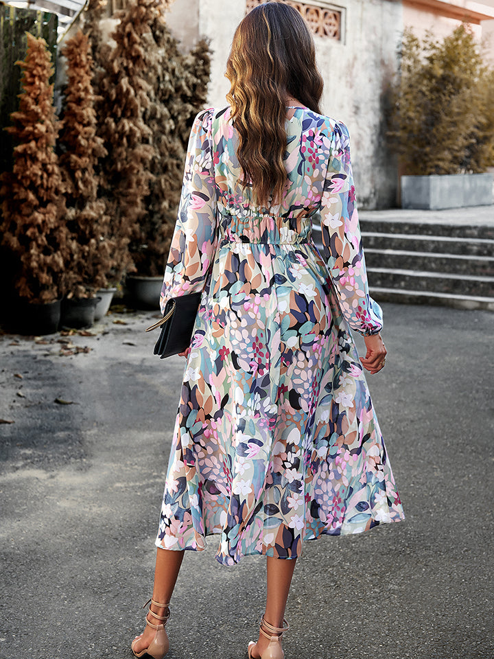 IconicDream Printed V-Neck Long Sleeve Midi Dress