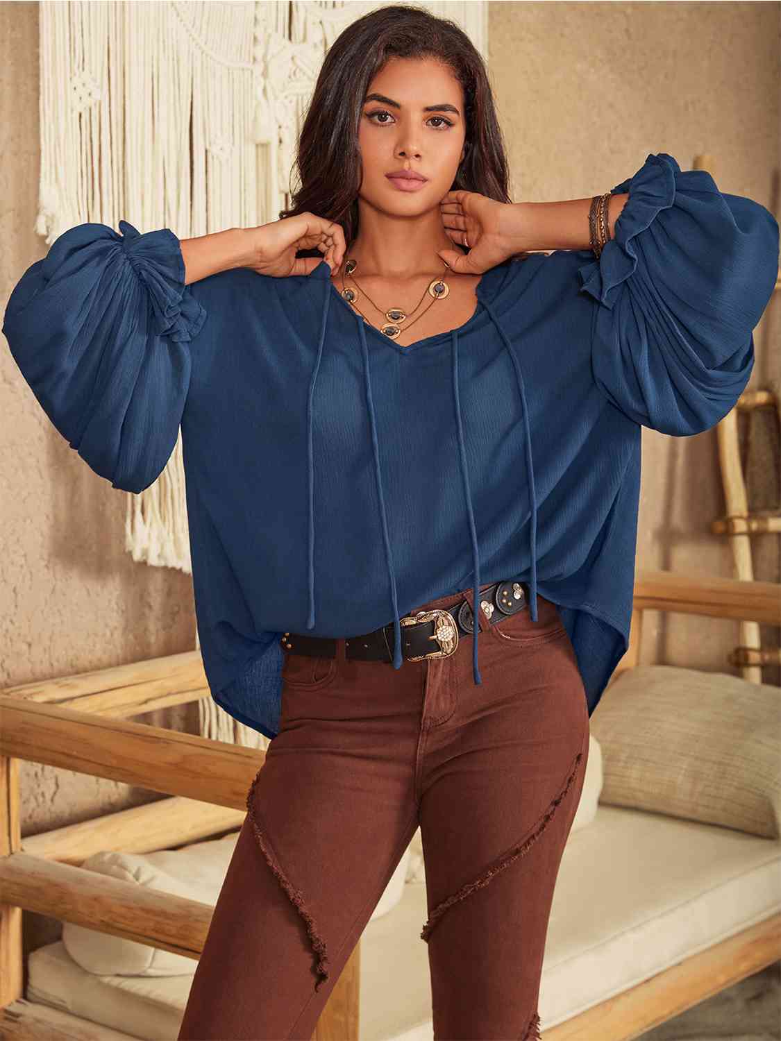 Peacock Blue Tie Neck Long Sleeve Blouse